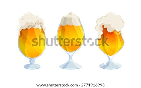 Shiny beer glasses set with foam crown. Vector isolated cartoon mugs with golden alcoholic drink. Different shaped tankards with foamy lager. Oktoberfest posters or alcohol product presentations