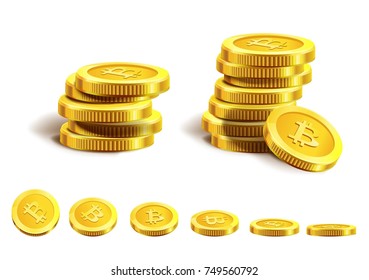 Shiny bitcoins in piles and neat row isolated illustration
