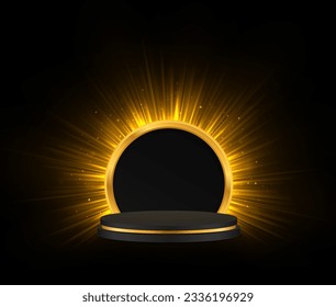Luminosa plataforma de premios en negro con efecto de iluminación. Podio de lujo con rayos brillantes. Sparkle podium vacío para la presentación del producto.