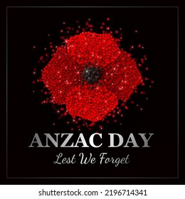 Shiny Black Banner for Anzac Day. 3d Glitter Red Poppy. Silver Text Lest We Forget. Vector Illustration.