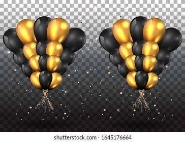 Shiny black and golden metallic chrome balloons with white frame on shiny striated  surface, cute concept for elegant  birthday card or sale, luxury abstract backdrop for web and print decoration 