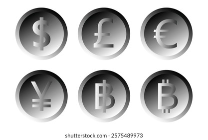 Shiny black metal coins of currencies, US Dollar, Pound Sterling, Euro, Yen, Baht and Bitcoin.