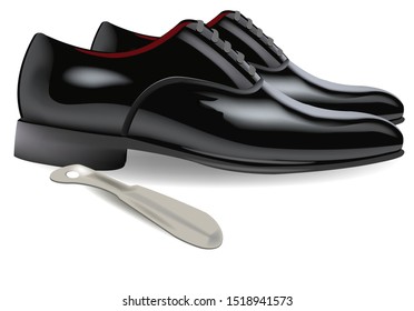 shiny black reception shoes with shoehorn