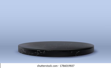 Shiny black round marble pedestal podium. Abstract high quality 3d concept illuminated pedestal by spotlights on blue background. Futuristic marble. Template shiny stage. Vector illustration. EPS 10.