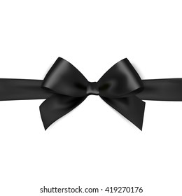 Shiny black satin ribbon on white background. Vector black bow. Black bow and black ribbon. Christmas gift, valentines day, birthday  wrapping element