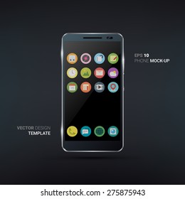 Shiny black smartphone with flat icon set. Realistic vector illustration