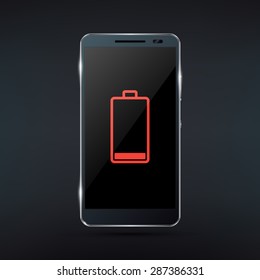 Shiny Black Smartphone With Red Low Battery Icon. Realistic Vector Illustration