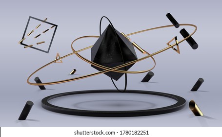 Shiny black square box black marble 
interior style. Abstract high quality 3d concept illuminated box by spotlights white background. Futuristic marble. Can be used banners web. Vector illustration.