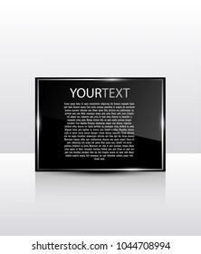 Shiny black text box. Glass plate. Realistic glass banner with shiny lights for infographics, business design, step presentation, progress design, number options or workflow layout. Clean and modern.