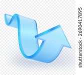 Shiny blue 3D arrow ribbon curving upward, symbolizing growth, progress, success, and direction. Transparent background, modern design for business or technology concepts. Vector illustration.