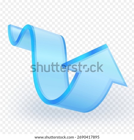Shiny blue 3D arrow ribbon curving upward, symbolizing growth, progress, success, and direction. Transparent background, modern design for business or technology concepts. Vector illustration.