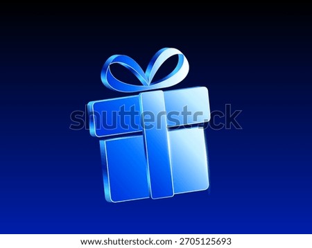 a shiny blue 3d gift box icon with a ribbon bow on top, set against a dark blue gradient background
