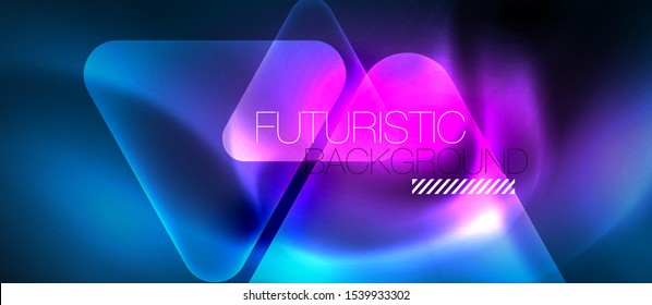 Shiny blue abstract glowing neon geometric background with abstract glass trasparent triangles. Technology futuristic or business design template with copyspace