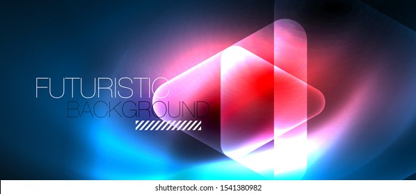 Shiny blue abstract glowing neon geometric background with abstract glass trasparent triangles. Technology futuristic or business design template with copyspace