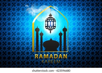 Shiny blue Arabic lamp on stars and moons decorated background for holy month of Muslim community Ramadan Kareem celebration. art