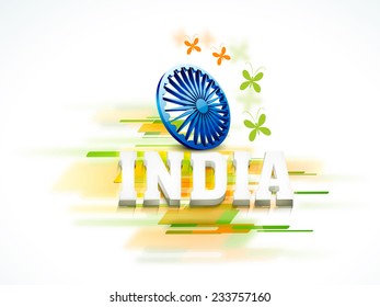 Shiny blue ashoka wheel with butterflies in national flag color and stylish text India for Indian Republic Day celebrations.