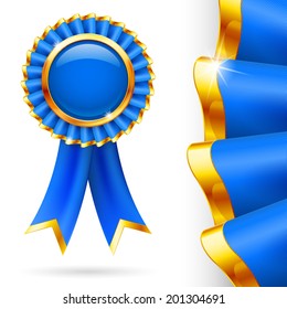 Shiny blue award ribbon with golden edging. Fabric with highly detailed texture