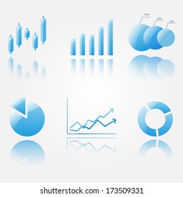 Shiny, blue chart icons with reflections.