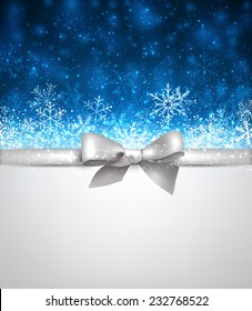 Shiny blue christmas background with silver bow. Vector winter Illustration.