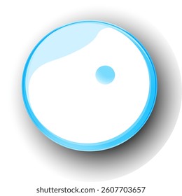 A shiny blue circular button with a 3D effect