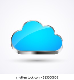 Shiny blue cloud button with metal frame, vector illustration, isolated on white