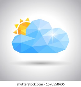 Shiny blue cloud and yellow sun weather symbol. Triangle vector icon on white background