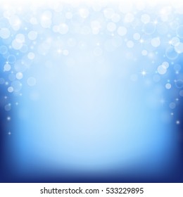 Shiny blue colored background with bokeh lights and falling sparkles. Vector illustration.