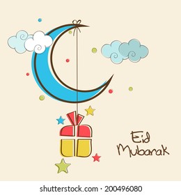 Shiny blue crescent moon with hanging colorful gift box in colorful sky background for Muslim community festival Eid Mubarak celebrations. 