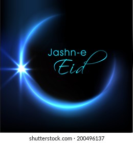 Shiny blue crescent moon with stylish text Jash-e-Eid  for Muslim community festival Eid Mubarak celebrations. 