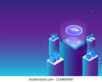 Servidores criptográficos azules brillantes conectados con el servidor principal, análisis de datos en laptop para el concepto de minería de criptografía.