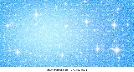 Shiny blue disco ball pattern with white glitter mosaic and reflective texture. Glamorous sparkles party gradient. Vector festive New Year themes, or fashion decor background illustration.
