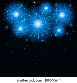 Shiny blue firework on the dark sky, illustration.