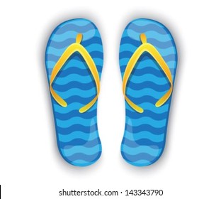 shiny blue flip flops with yellow elements on a white background 