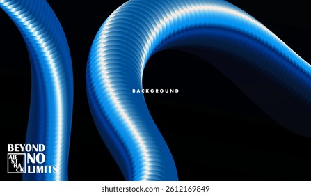 Shiny Blue Fluid on Black Background, 3D Wavy Gold Flow