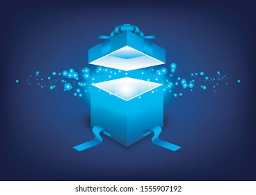 shiny blue gift box opening. vector illustration