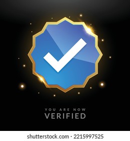 Shiny Blue Label With Check Mark At The Center. Verification Sign.