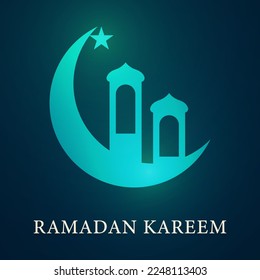 Shiny blue light moon, star and dome on dark blue background with Ramadan Kareem for Muslim community festival Ramadan Kareem. Vector illustration. EPS 10.