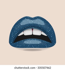 Shiny blue Lips and perfect white Teeth. Beauty vector open Mouth