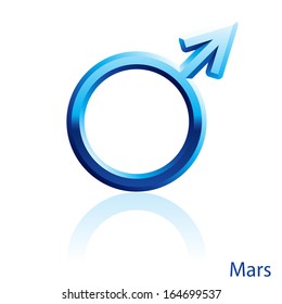 Shiny blue Mars sign on white background.