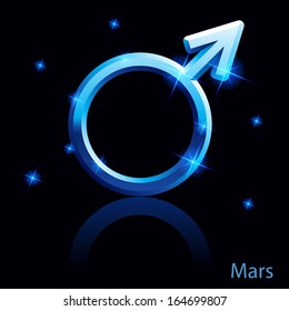 Shiny blue Mars sign on black background.