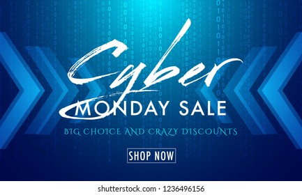 Shiny blue matrix coding background with text Cyber Monday Sale for advertisement concept.