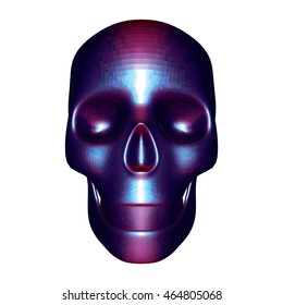 Shiny Blue Metallic Paint Human Skull Isolated on White Background. 3d Render Front View. Realistic Vector Illustration.