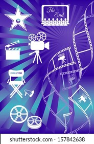 Shiny blue movie background with curl film stripes and movie icons