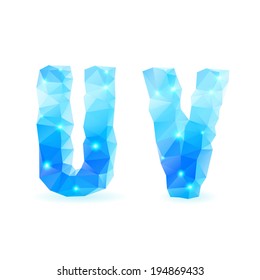 Shiny blue polygonal font. Crystal style U and V letters