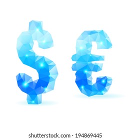 Shiny blue polygonal font. Crystal style dollar and euro signs