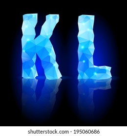 Shiny blue polygonal font. Crystal style K and L letters with reflection on black backround