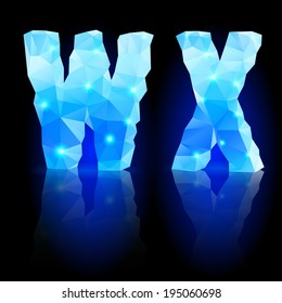 Shiny blue polygonal font. Crystal style W and X letters with reflection on black backround