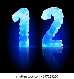 Shiny blue polygonal font with reflection on black background. Crystal style 1 and 2 numerals