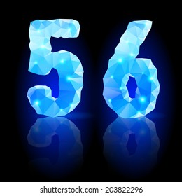 Shiny blue polygonal font with reflection on black background. Crystal style 5 and 6 numerals