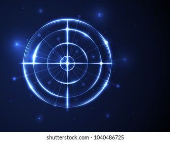 Shiny blue radar, target, shooting range on black background. Creative design vector templates for global network connection technology.